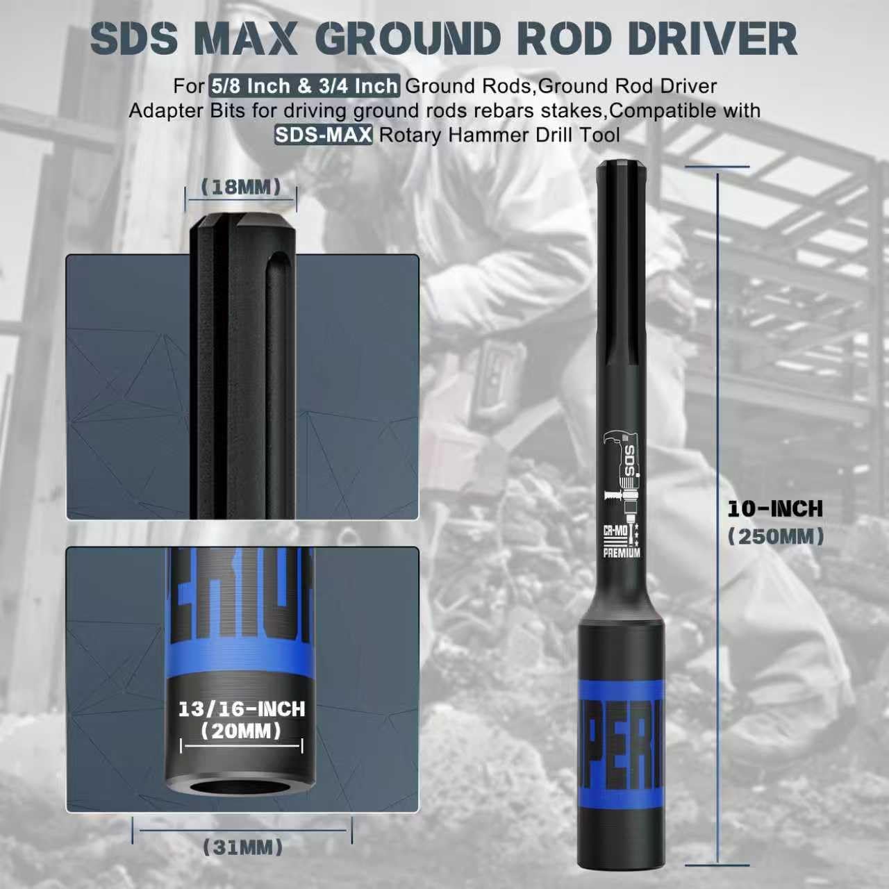 SDS-Max Ground Rod Driver for Driving 5/8-inch & 3/4-inch Ground Rods, Ground Rod Driver Adapter Bits, Compatible with SDS-Max Rotary Hammer Drill Tool,CR-MO Steel