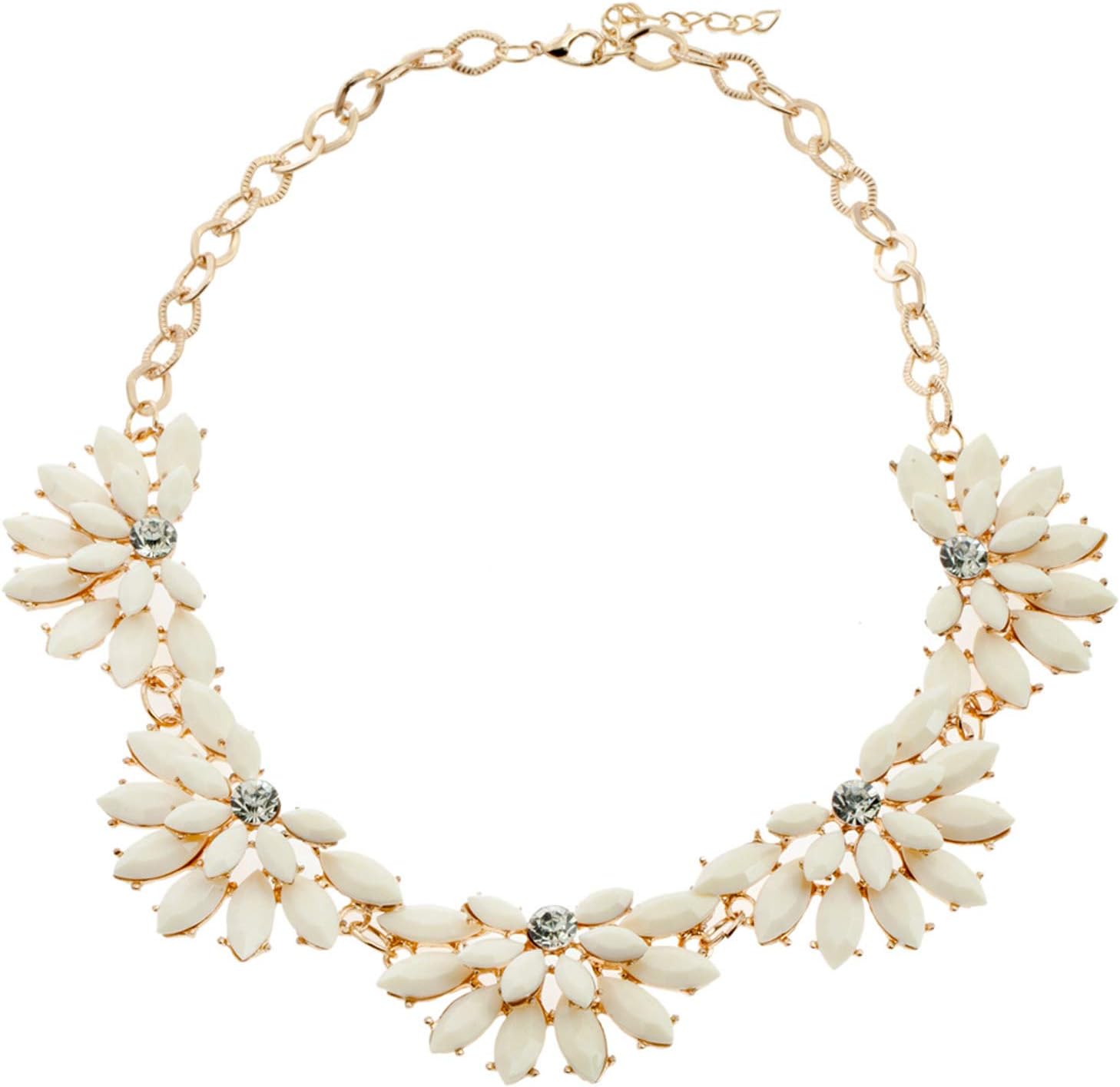 Elegant Ornate Golden Lavaliere Necklace With Half Flowers Blooms Shaped Decorations Inlaid With White Tear Drop Shaped Beads/Pearls And Studded With Clear Crystals/Rhinestones/Gemstones By VAGA