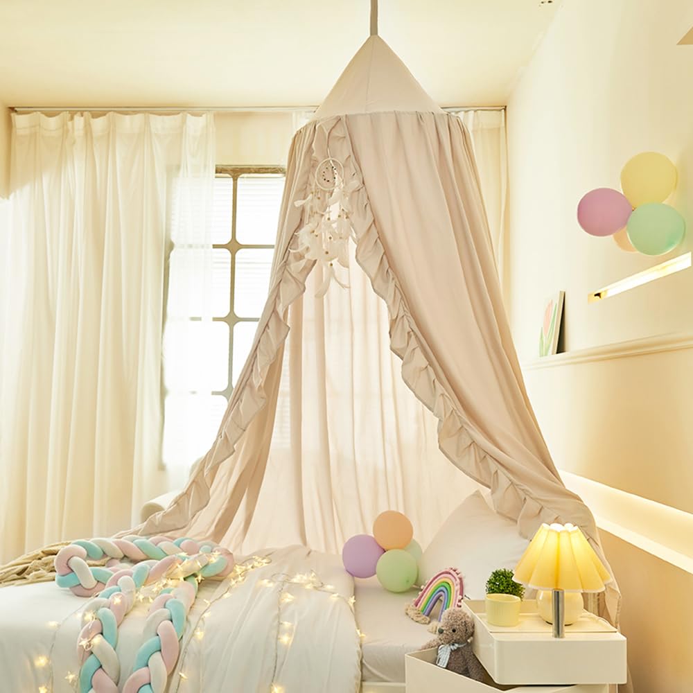 ZIQINPSQ Bed Canopy for Girls with Ruffled,Princess Round Dome Children Dreamy Mosquito Net Girls Room Decor Castle Play Tent,Children Reading Nook Canopies (Ivory) - Image 2