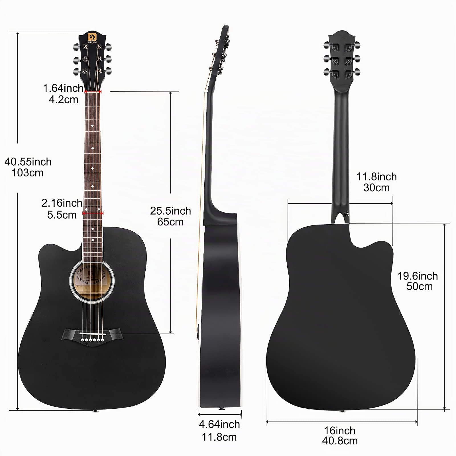 Vangoa 4/4 Chitarra per Mancini Principianti Adulti Mancina Acustica Chitarra Cutaway Left Handed Guitar Kits, Nero