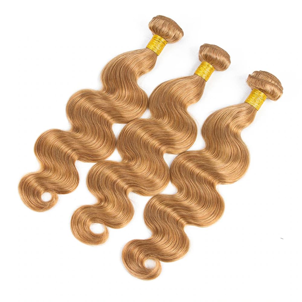 Color 27 Human Hair Honey Blonde Body Wave Brazilian Virgin Hair Bundles Honey Blonde Body Wave Bundles Hair Weave for Black Women 10 12 14 Inch
