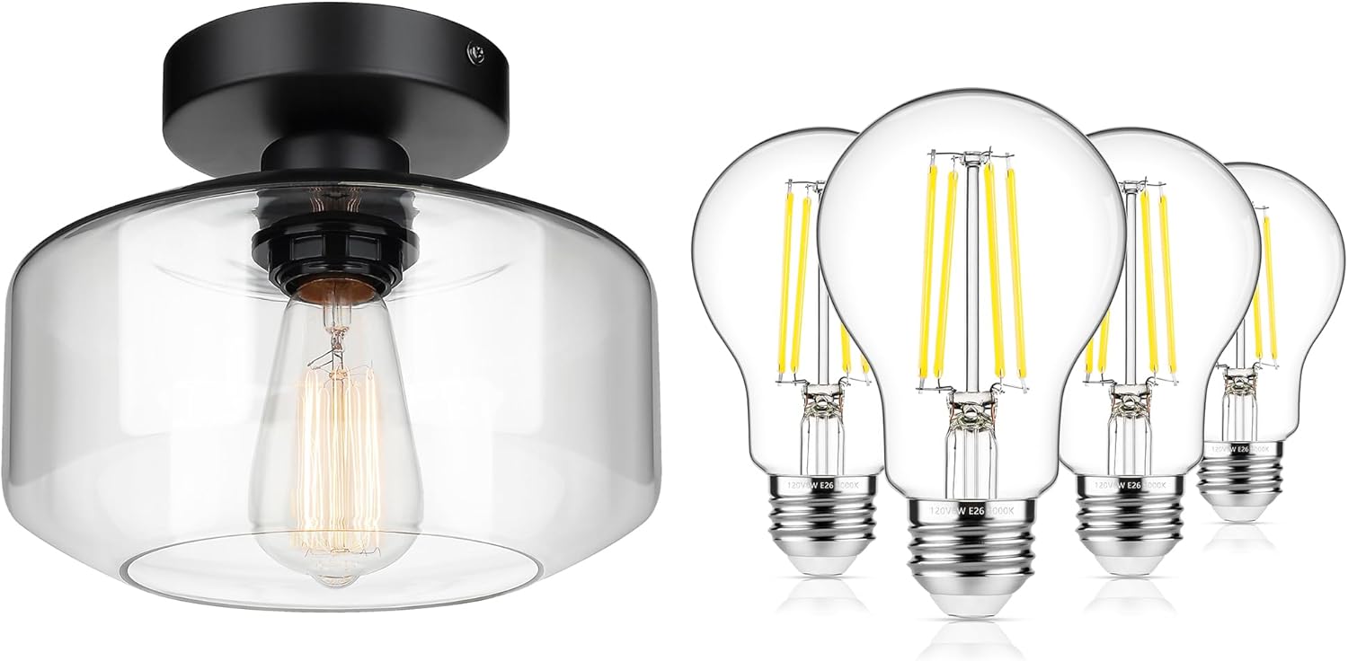 MAXvolador Industrial Semi Flush Mount Ceiling Light with Non-Dimmable A19 LED Edison Bulbs 850LM 5000K