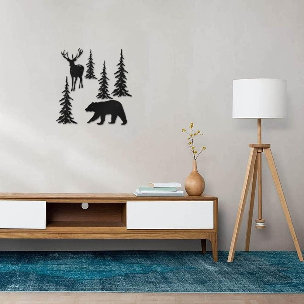 JILIP 6 Pieces Metal Wall Art Decor, Deer Bear Pine Tree Wall Silhouette Signs, Black Hanging Wall Sculpture, Outdoor Indoor Home Decor (Size : 11.8IN/30cm)