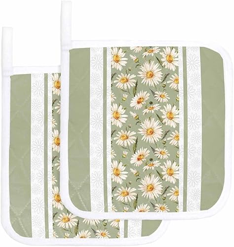 2 Packs Sage Green Flower Pot Holders Sets for Kitchen,Oven Pan Plate Bowl Pads Heat Proof Mat with Hanging Loop,Terry Cloth Potholders Soft Grip