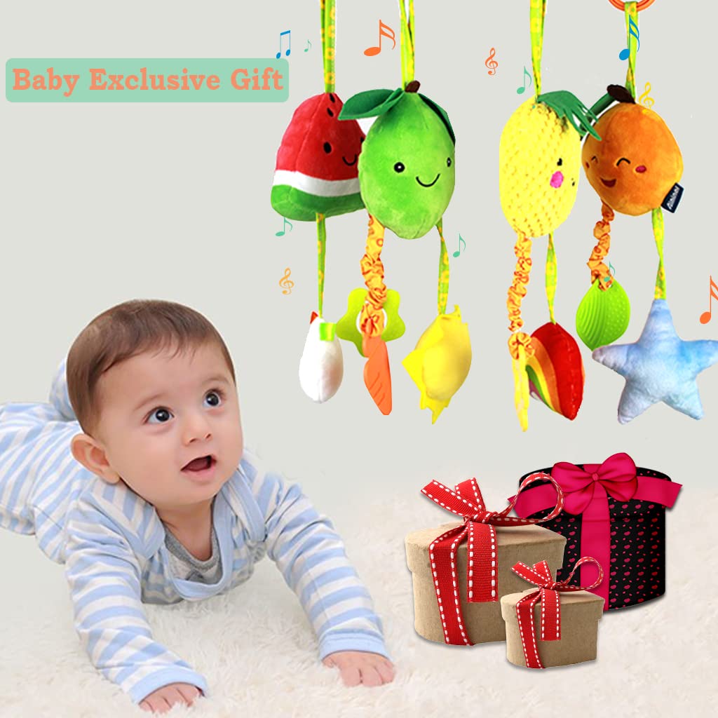 KAKIBLIN Baby-Spielzeug zum Aufhängen, 4 Stück, für Autositz, Buggy, weiches Quietschspielzeug für Babys, Neugeborene, Auto, Bett, Krippe, Reisen, Aktivität, Früchte-A
