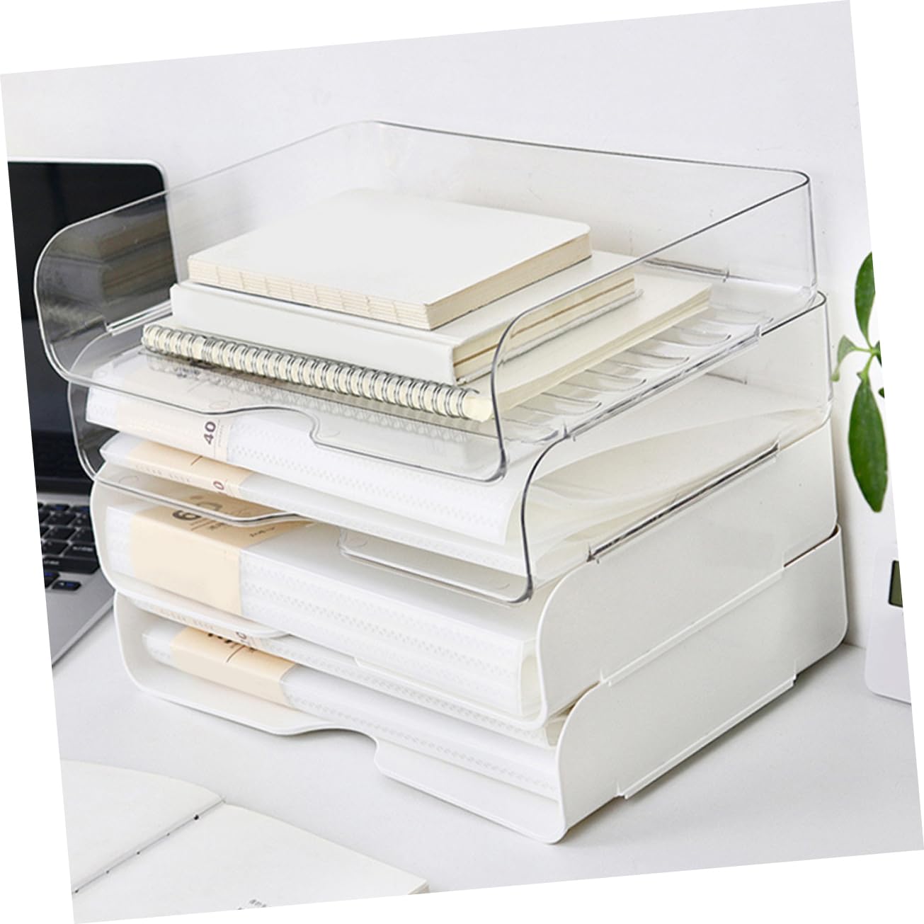 STOBOK 4piezas Organizador De Escritorio Apilable Bandejas Transparentes Para Oficina y Práctica Para Archivar y Material De Oficina
