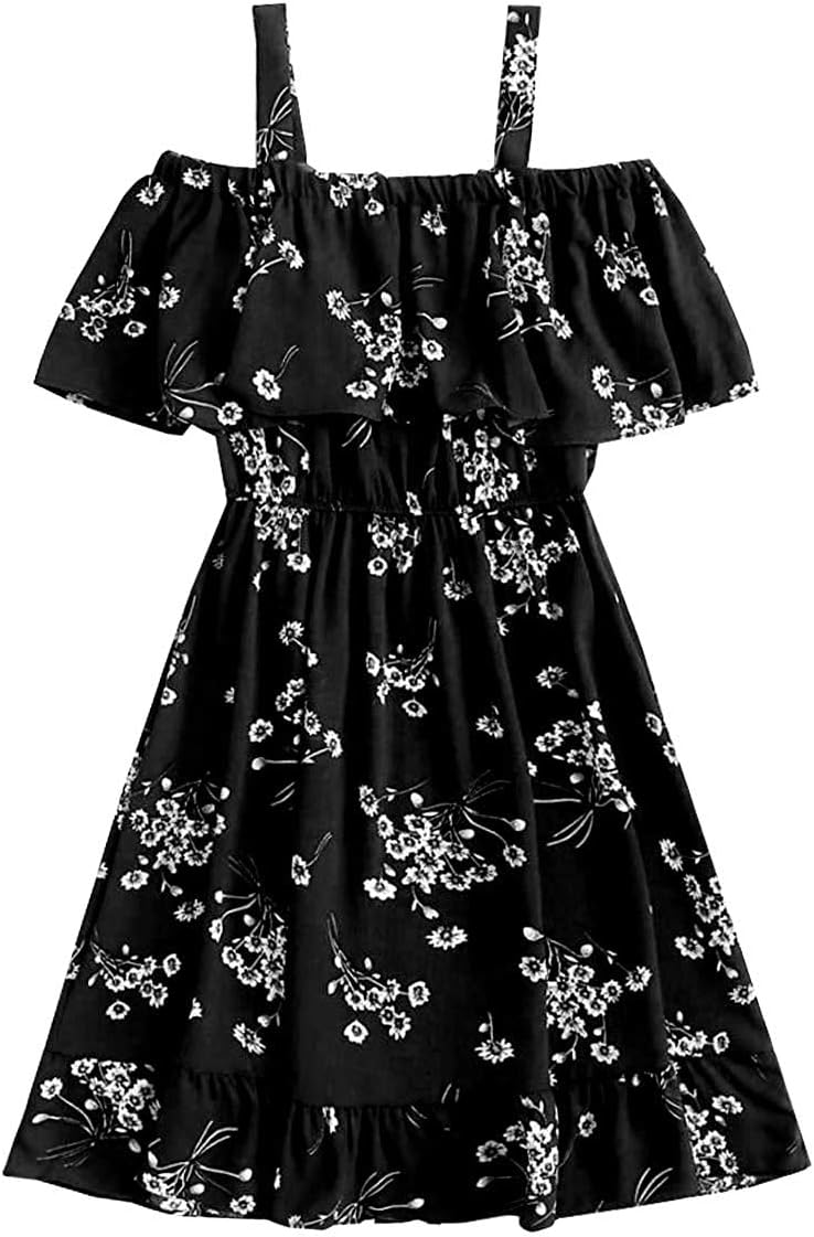 Girl's Cocktail KNEE Length Dress (BLACK FLORAL KNEE Length_BLACK_13-14 Years)