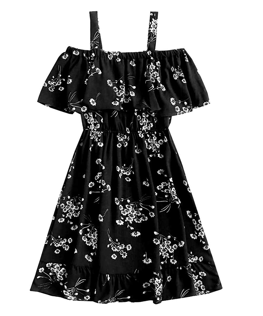 Girl's Cocktail KNEE Length Dress (BLACK FLORAL KNEE Length_BLACK_13-14 Years)