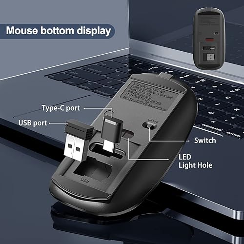 Miniatura 5 de Mouse inalámbrico recargable para laptop, mouse portátil inalámbrico de 2.4 GHz con receptor dual USBUSB-C para computadora, compatible con