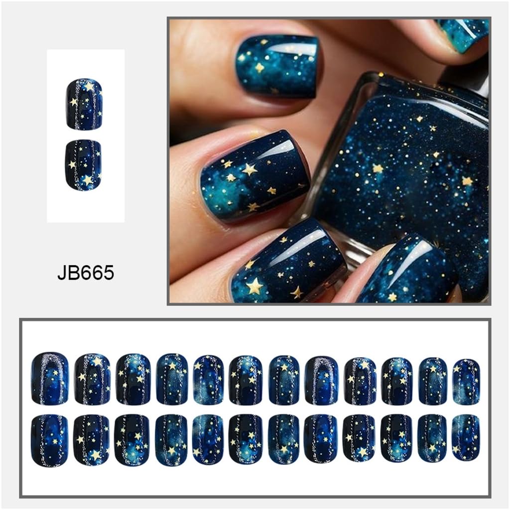 24Pcs Acrylic False Nails Short Stick on Nails Square for Women Nails Art Decorations for Any Occasion