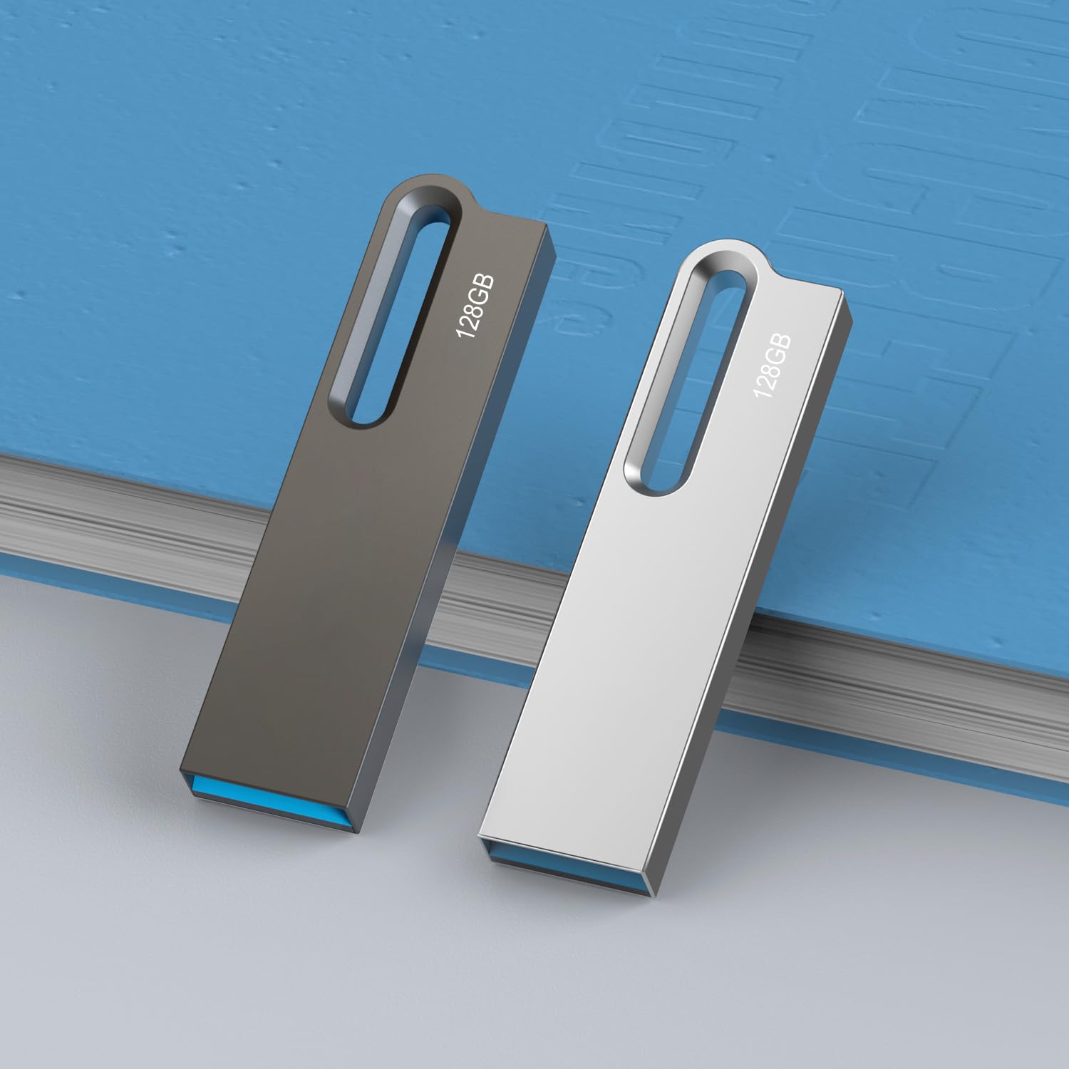 JOIOT 128Go Clé USB 3.0 Lot de 2 Clef USB Métal Imperméable Flash Drive Clés USB 128 Go pour PC, Ordinateur Portable, Stockage de Données,(2X128Go Argenté Noir)
