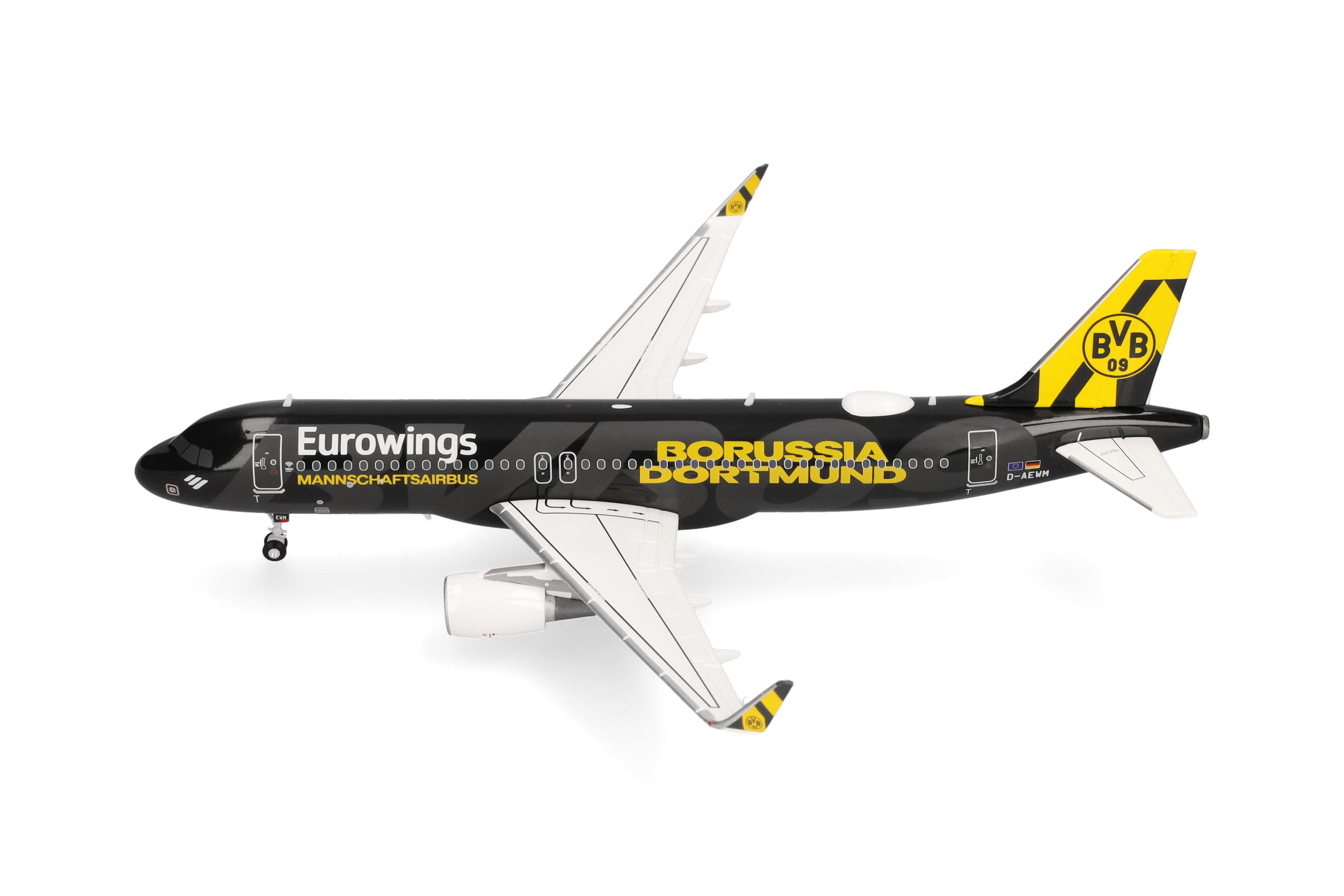 Herpa modello di aereo Eurowings Airbus A320 "BVB Mannschaftsairbus" (2025), in scala 1:200, modello di aereo, pezzo da collezione, miniatura deco, statuetta con supporto in metallo
