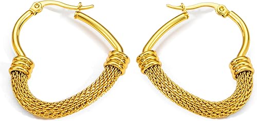 Gold Plated Heart Hoop Earrings for Women Hypoallergenic Stainless Steel Medium 