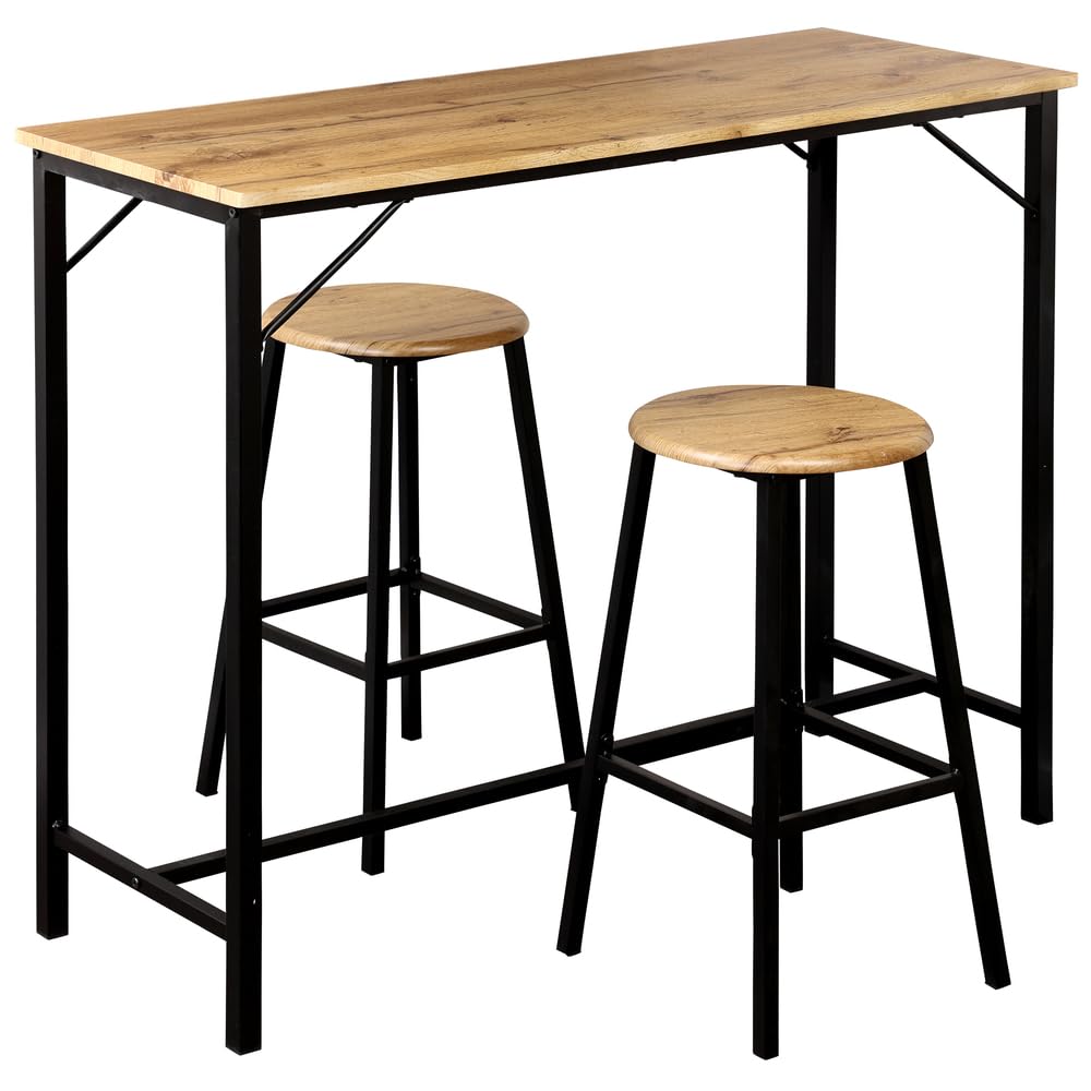 Kesper Bar-Set 3-teilig bestehend aus Bartisch und 2X Barhocker - Metall schwarz - Holzplatte - Küchenbar