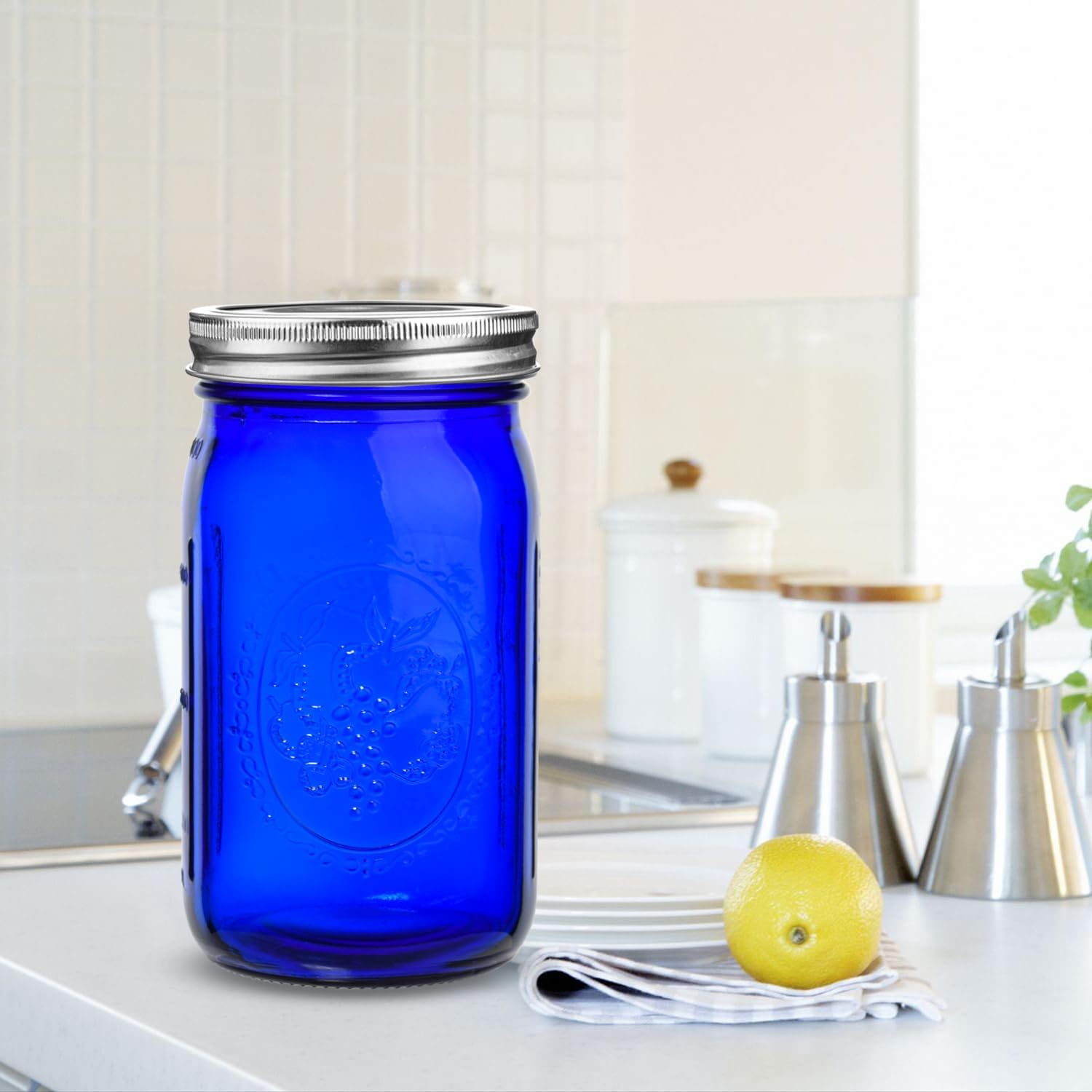 eleganttime Blue Mason Jars Wide Mouth,6 Pack Cobalt Blue Colored Mason Jars 32 oz for Canning, Pickling, Storage, DIY Crafts & Décor