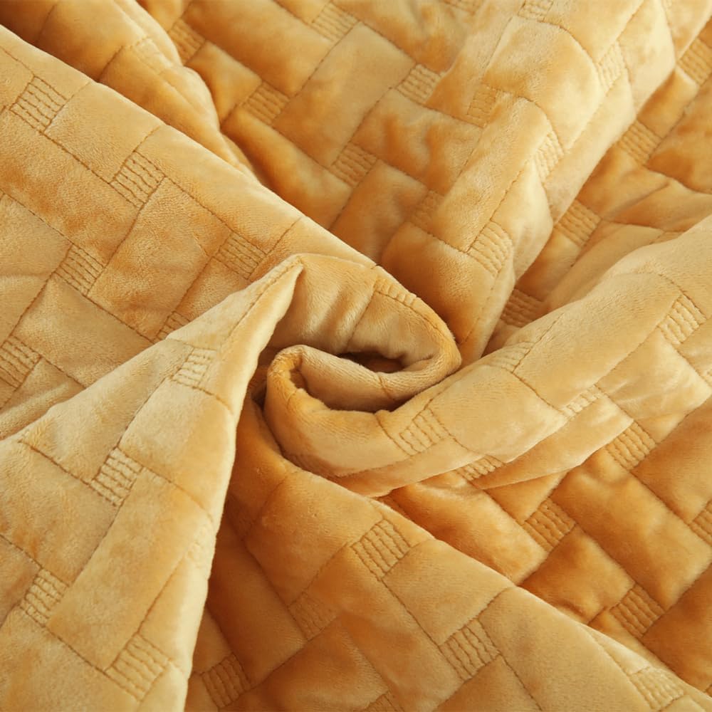 Velvet Bedspread Quilt Bedding Sets,Luxury Elegant Ultra Soft Velvet Comforters Coverlet Blankets,Weave Stitching Pattern Cotton Quilted Bedspread for All Seasons,Yellow,King Size | Breathable material, Luxury soft velvet, Soft and durable, All seasons, Machine Waschable, Cotton bedspread - Image 6