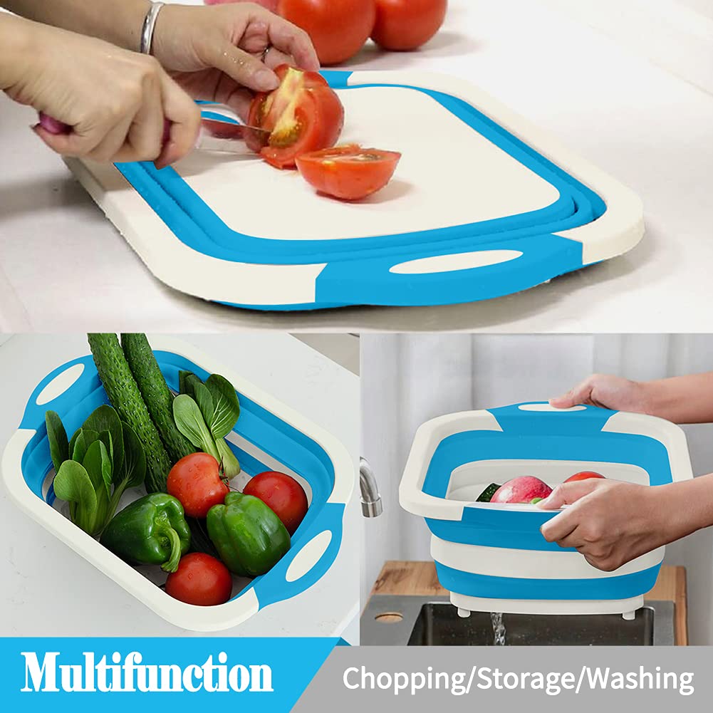 Rottogoon Tabla de cortar plegable, tabla de cortar plegable con colador, cesta multifuncional de cocina para lavar verduras, bandeja de silicona para preparación de barbacoas, pícnic, campamento