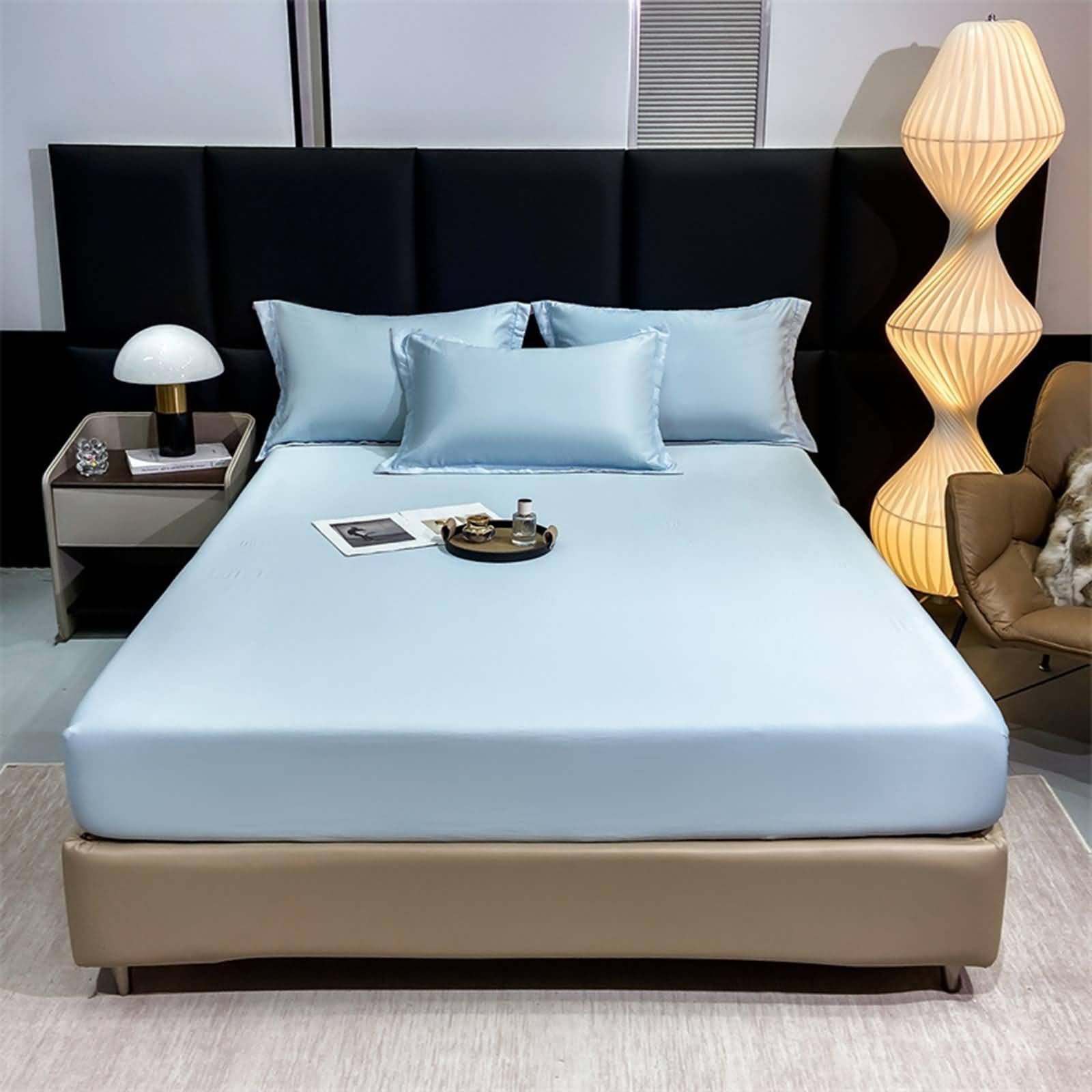 Epinki Drap Housse Matelas 150 x 200 cm, Bonnet de 20 cm, Bleu Clair, Satin, Drap Matelas Couleur Unie