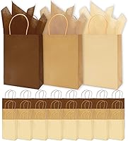 Vista 1 de Whaline 24 bolsas de regalo de papel marrón con asas, bolsas de compras de comestibles con 30 hojas de papel de seda de envoltura para vacaciones