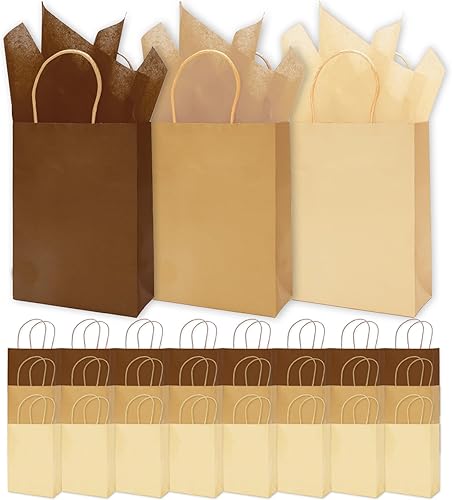 Whaline 24 bolsas de regalo de papel marrón con asas, bolsas de compras de comestibles con 30 hojas de papel de seda de envoltura para vacaciones,
