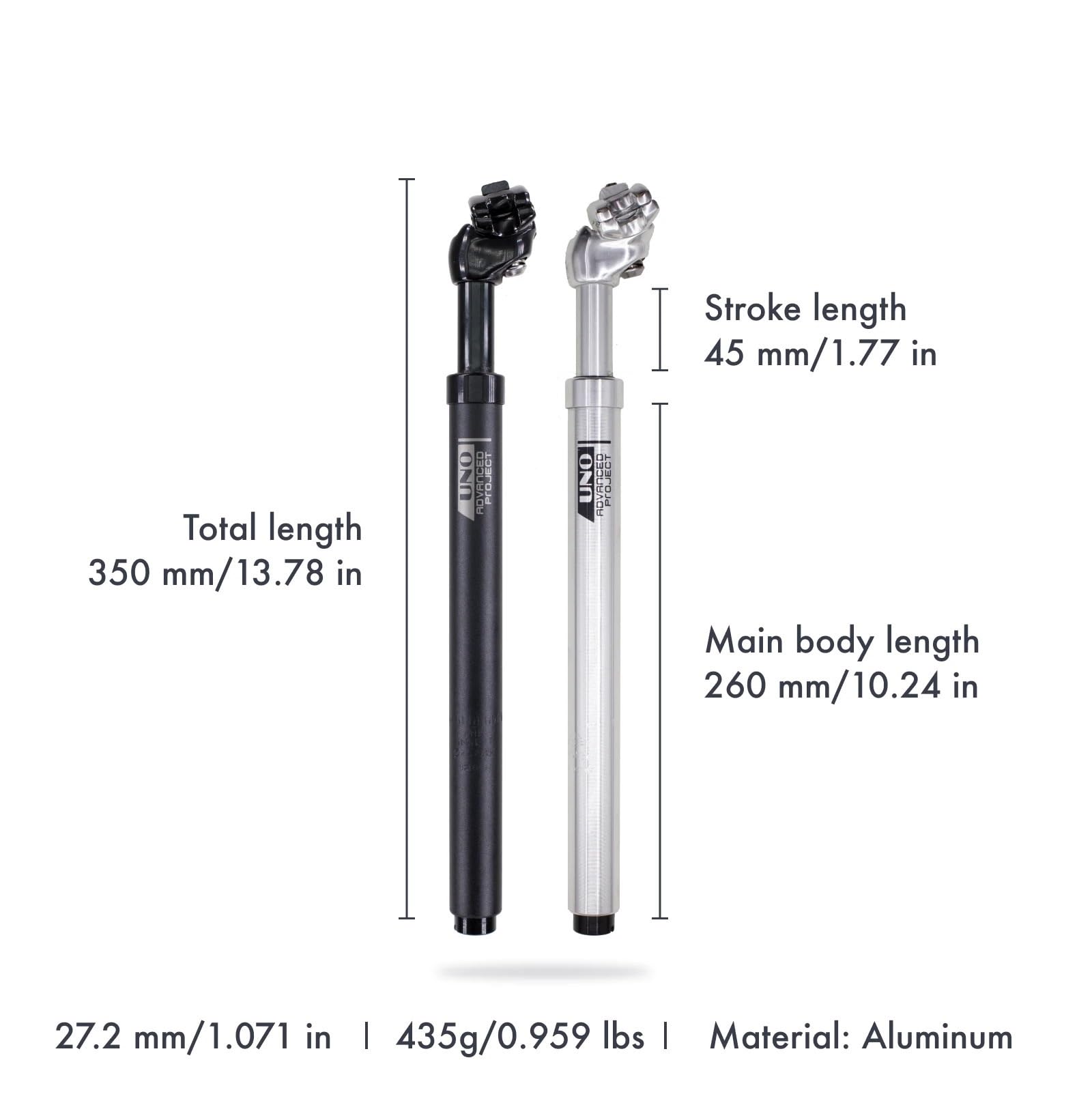 Sztyca siodełka rowerowego z amortyzacją i amortyzatorem do rowerów górskich, ultralekkie, dostępne średnice: 26,8 mm, 27,2 mm, 28,6 mm, 30 mm, 30,4 mm, 30,9 mm i 31,6 mm, długość: 350 mm.