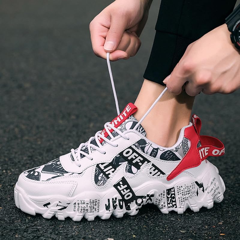 Y2K Leather Graffiti Print White Sneakers for Men Lightweight Comfortable Lace Up Round Toe Shoes for Teens Campus Sports Casual Outfits Street Style Inspired3
