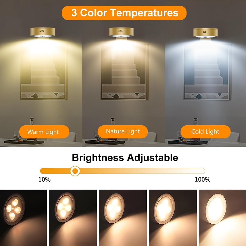 3 Unidades de Iluminación LED para Cuadros, Batería Inalámbrica, Luz para Cuadros, Funciona con Batería, Mando a Distancia, Regulable, Lámpara de Pared, Sin Conexión Eléctrica, Funciona,Oro
