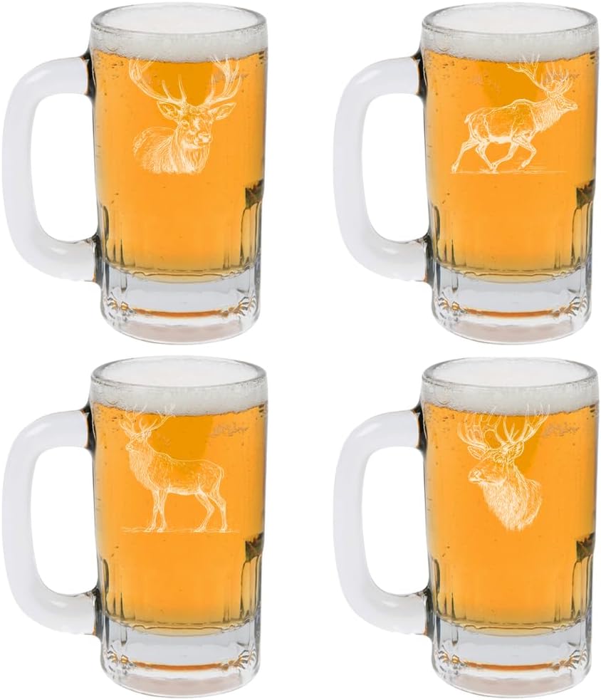 12oz Beer Mug Stein Glass Set of 4 Gift Elk Collection