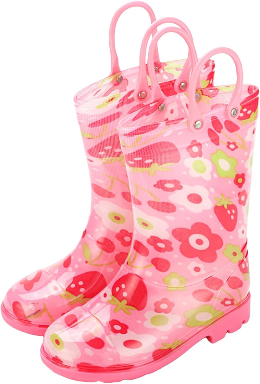 Kids Rain Boots with Easy-On Handles Waterproof Non-Slip Rainboots for Girls & Boys Fun Printed Outdoor Rubber Shoes