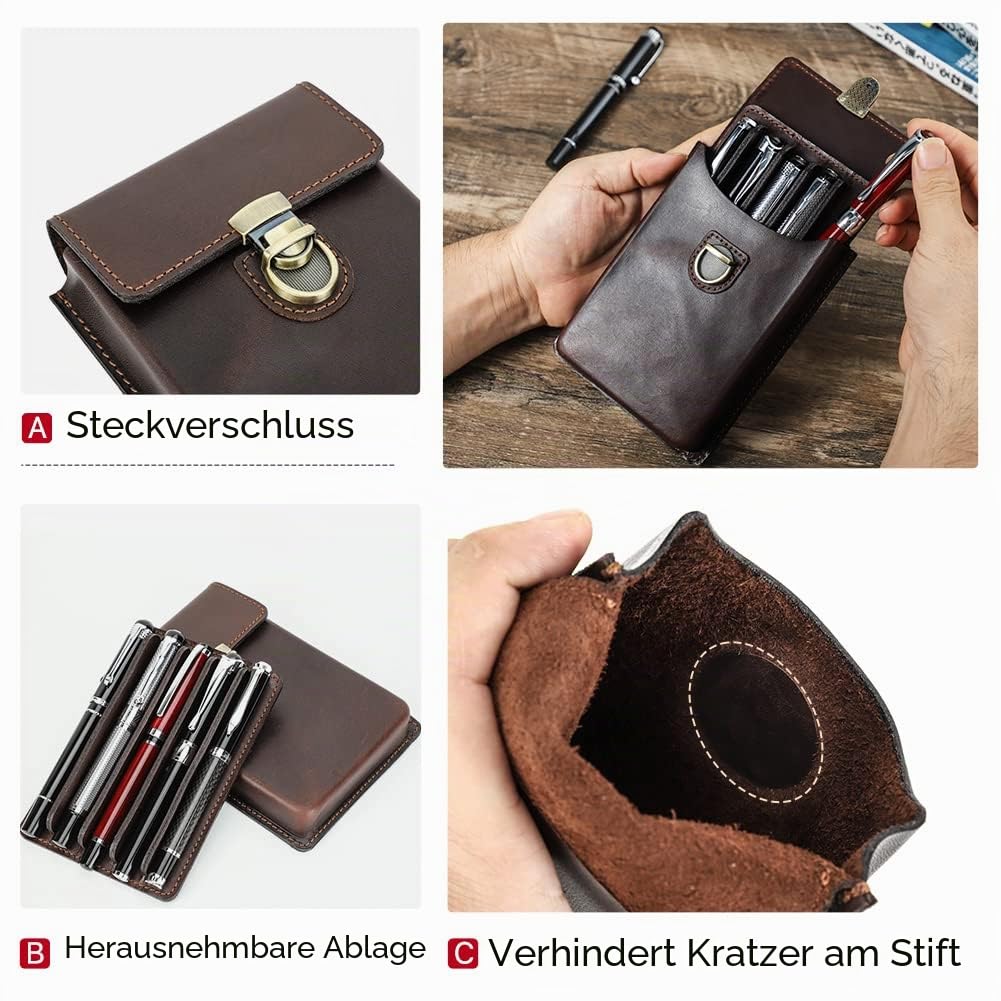 Hiram Federmäppchen aus Lederaus Leder für 5 Füllfederhalter Tragbar Echtes Leder Aufbewahrungsetui für Füllfederhalter mit Gesichertem Messingverschluss und Stiftablage-Design (Kaffee)