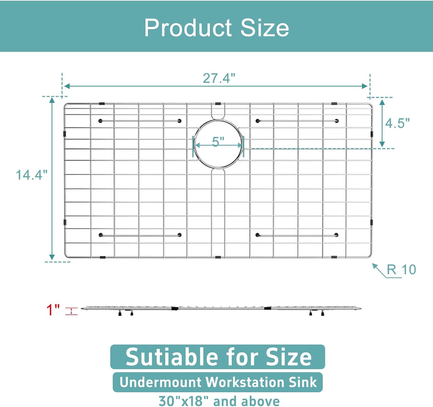 Stainless Kitchen Sink Protector - S304 Sink Grids for Bottom of Kitchen Sink, 28" x 15" with Rear Drain for Single Bowl Workstation Sink with Corner Radius