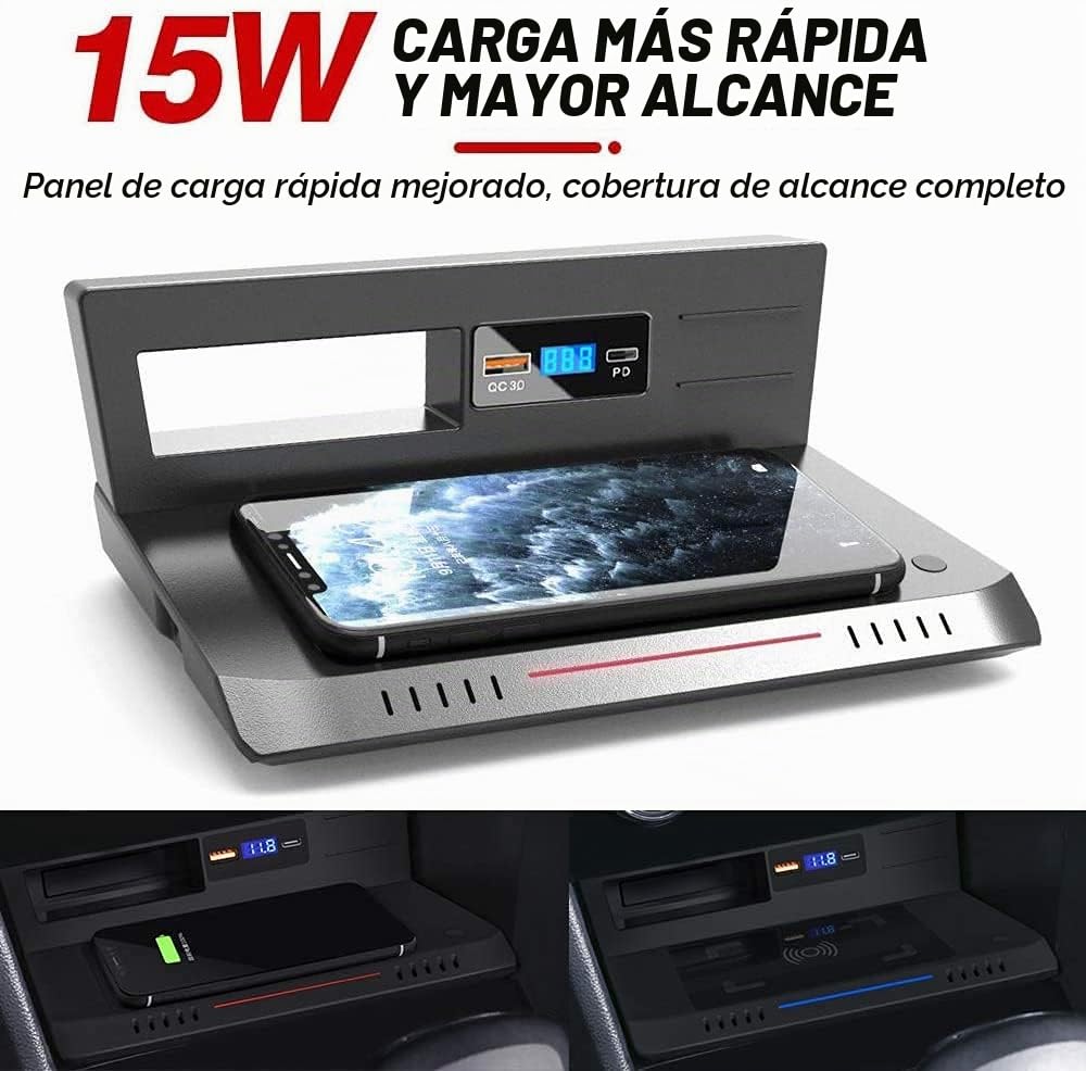 Cargador Inalámbrico Coche Auto Compatible con VW Tiguan 2018 2019 2020 2021 Consola Central Panel, 15W Qi Carga Rápida Coche Teléfono Cargador con QC3.0 USB y 18W PD para iPhone Samsung