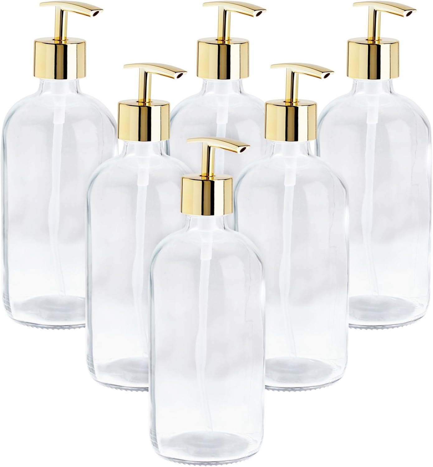Juvale Refillable Glass Soap Dispenser Set - 16 Oz Clear Bottles with Gold Pumps, 6 Pack - Bathroom & Kitchen Soap Pump Dispensers