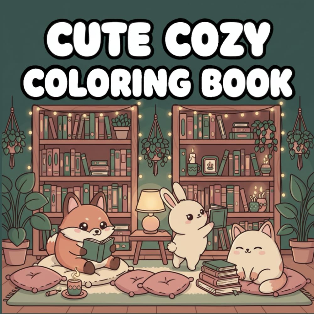Cute Cozy Coloring Book: Adorable Relaxing Scenes with Cute Animals, Warm Aesthetic & Comforting Bookish Vibes