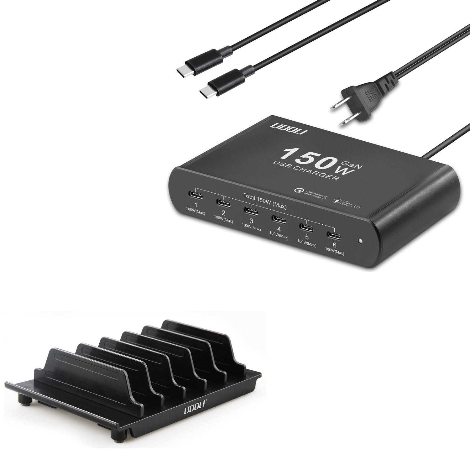 UDOLI Multi USB GaN Charger Station Organizer with Adjustable Dividers, 150W 6-Port USB-C Charging Station for Multiple Devices for iPhone 16 15 iPad Pro Tablets Laptop MacBook Pro Dell and More