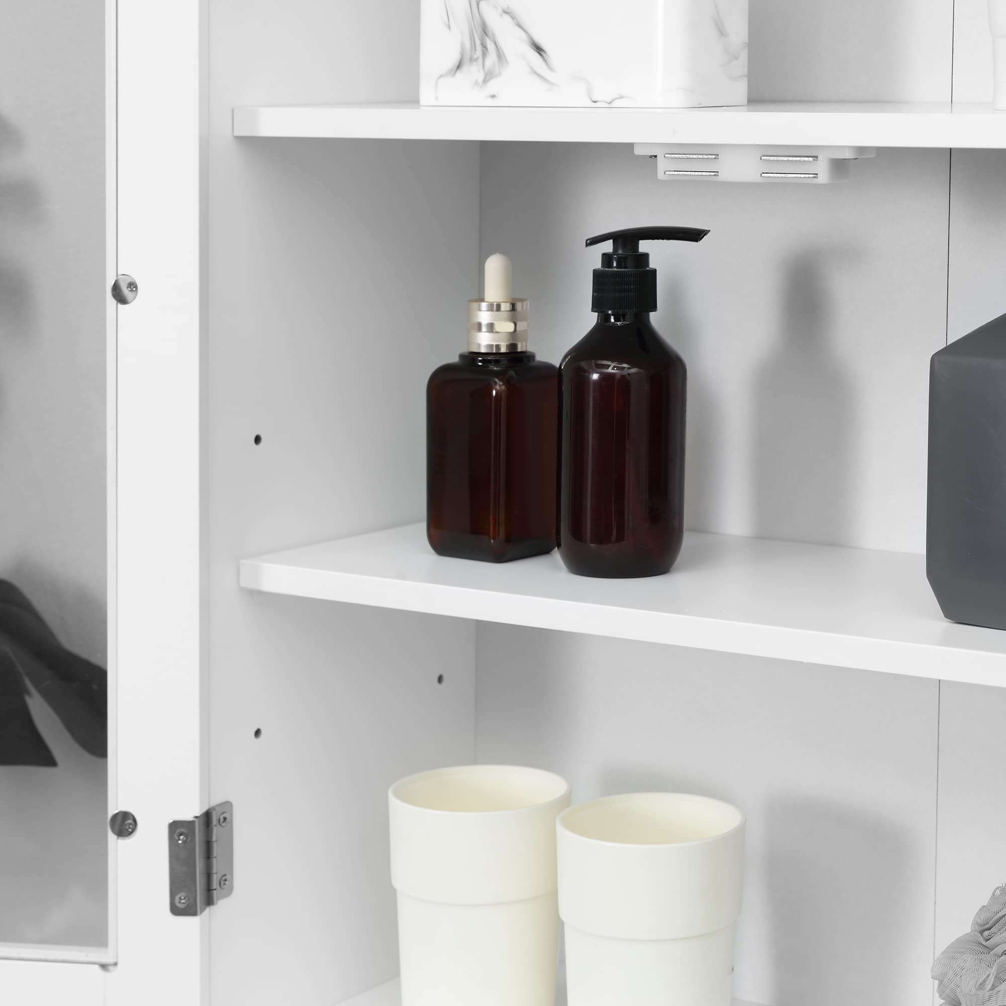 kleankin Armario de Pared Baño de 2 Puertas de Cristal Armario Colgante Multiusos para Cocina Salón con Estantes Interiores y Balda Ajustable 55x20x65 cm Blanco