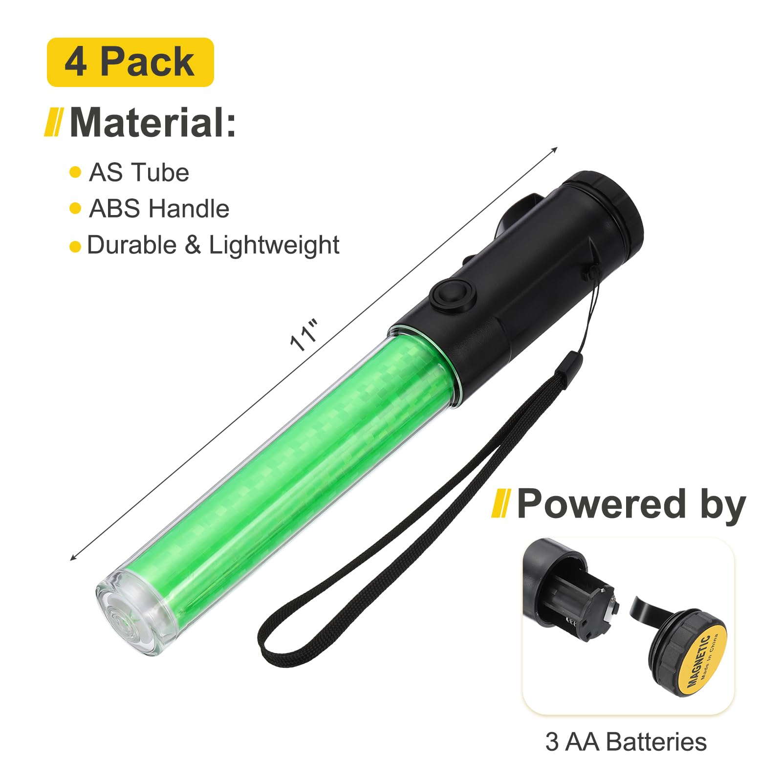 PATIKIL 4 Pack Barra de Señalización de Tráfico de 11 Pulgadas, Linterna LED de Control de Tráfico Aéreo con 3 Modos de Destello, Clip Lateral, Correa de Muñeca y Cordón, Verde