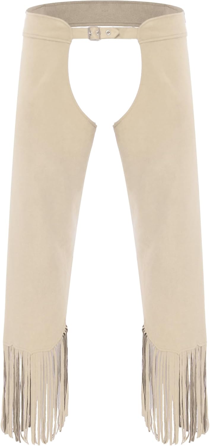 Linjinx Men's Vintage Cowboy Chaps Halloween Costume Faux Suede Pants Cut Out Tassel Split Trousers