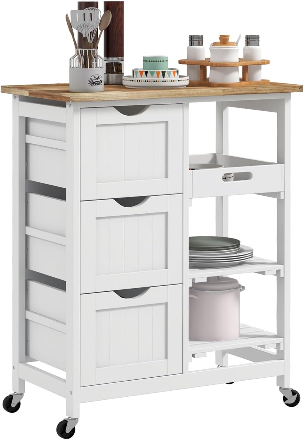 Rolling Kitchen Island Cart, Serving Cart with Drawers, White MDF Easy Mobility Kitchen, Dining Room