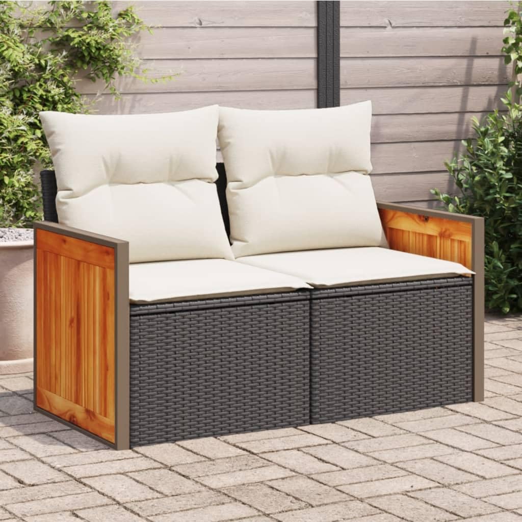 Sofá de jardín con cojín, 2 plazas, color negro, trenza de poliratán PE, espacio de almacenamiento, bolsa impermeable, fundas extraíbles, diseño modular, muebles de jardín, grupo de asientos