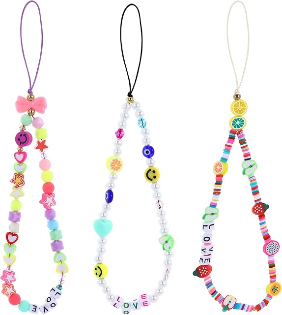 Molain 3Pcs Beaded Phone Charm String Lanyard Wrist Strap Colorful Polymer Clay Bead Phone Chains