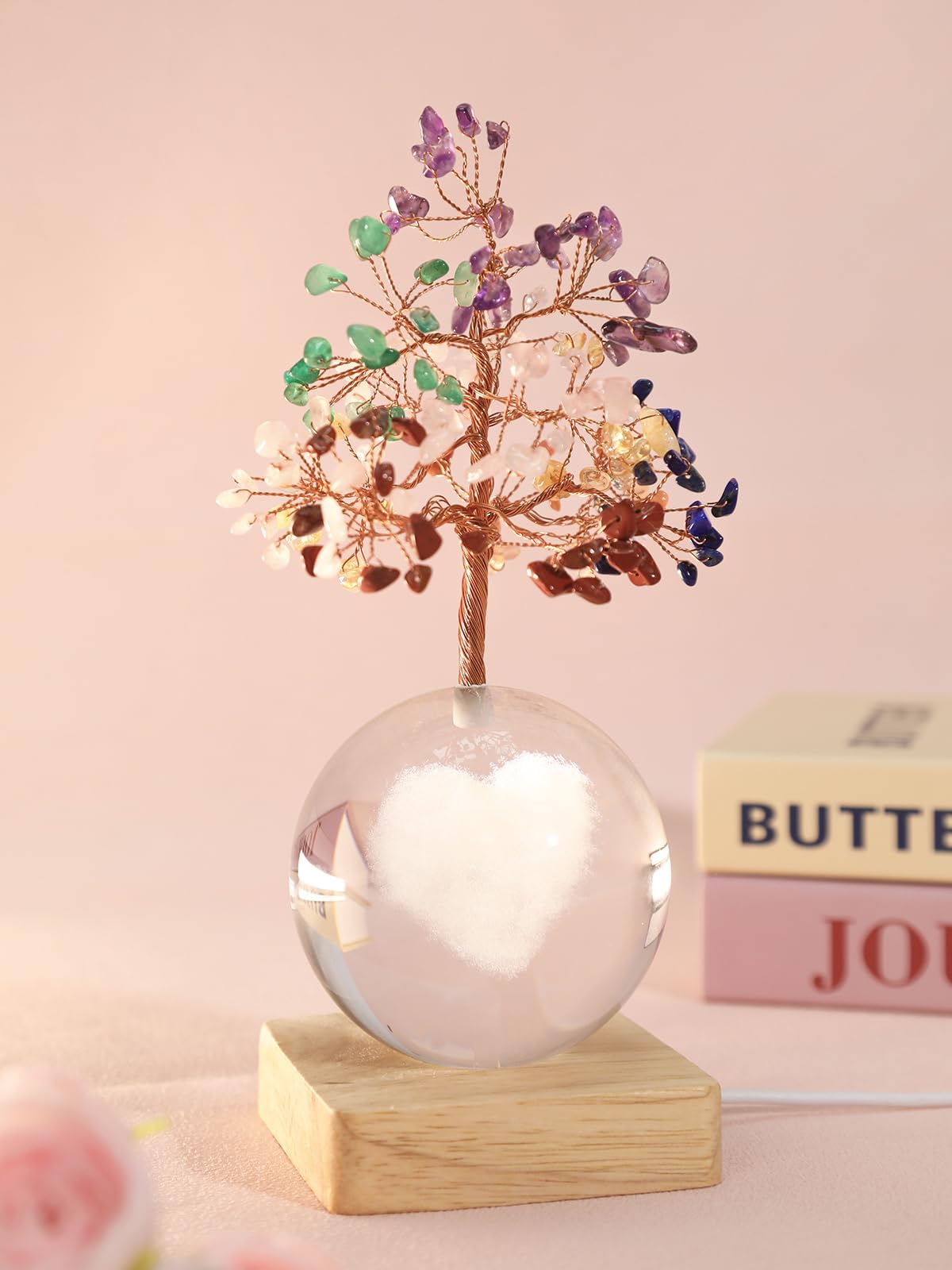 Crystal Tree of Life Gift for Women Valentine’s Day Birthday, Seven Chakra Healing Luck Tree for Meditation Spiritual Therapy, Positive Energy Decor with 3D Heart Crystal Ball Night Light