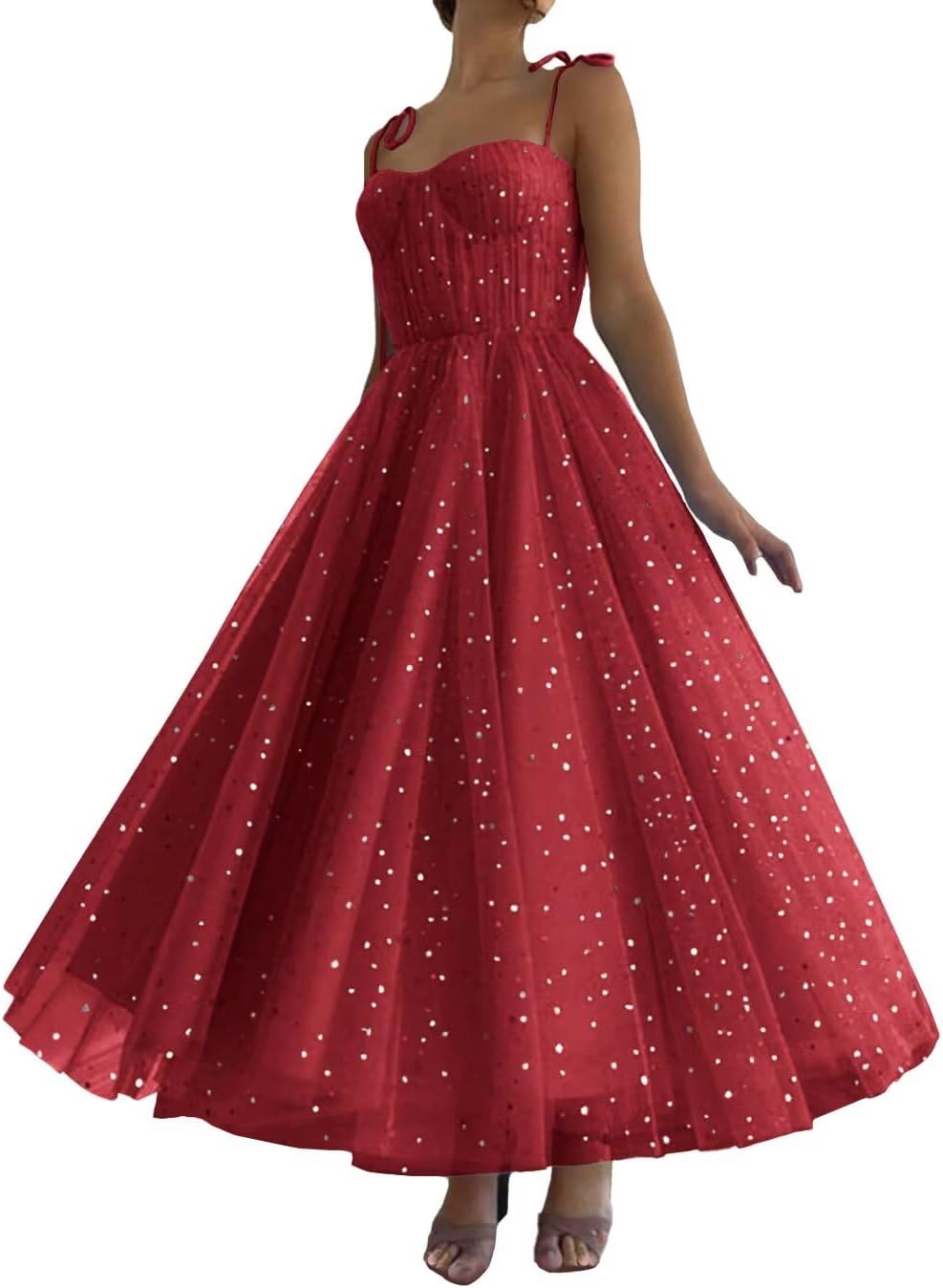 Xijun Women's Sparkle Starry Tulle Prom Dresses Tea Length Sweetheart Corset Formal Evening Party Gowns