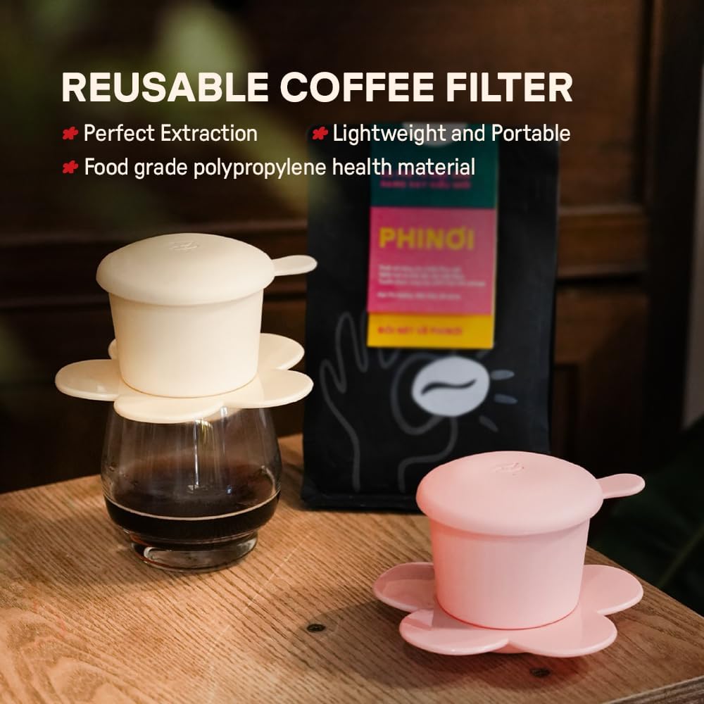 Pour Over Coffee Dripper - Vietnamese Phin Filter – Single Cup Coffee Maker 1-2 Cup with Flower Design – Plastic Reusable Coffee Filter for Manual Brewing, Travel Friendly (Red + Ivory)
