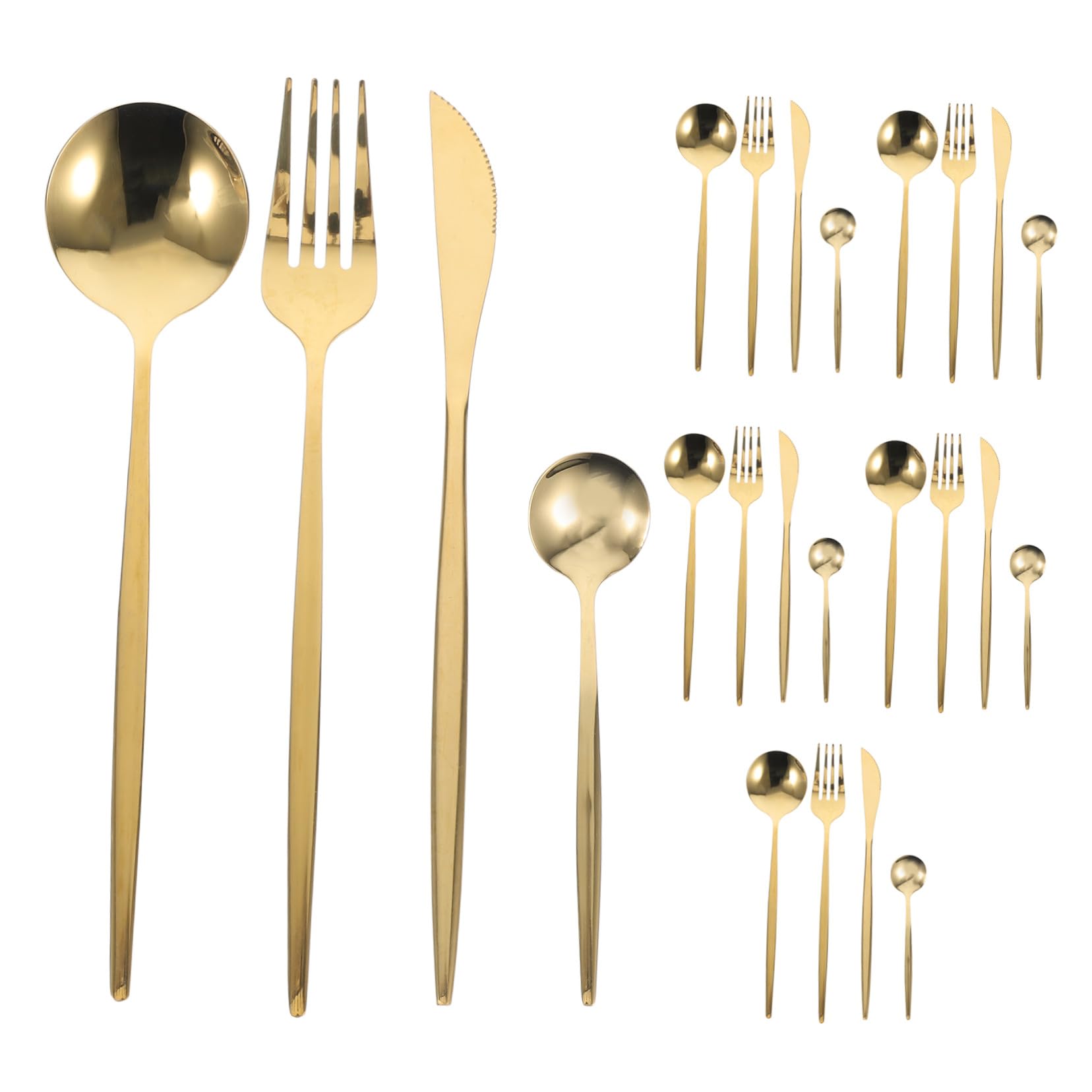 6 set Posate Acciaio Inossidabile Dorate Opaco Coltelli Bistecca Forchette Cucchiai e Cucchiaini da Tè per Casa Feste ed Eventi Formali Design Ergonomico per Presa Confortevole