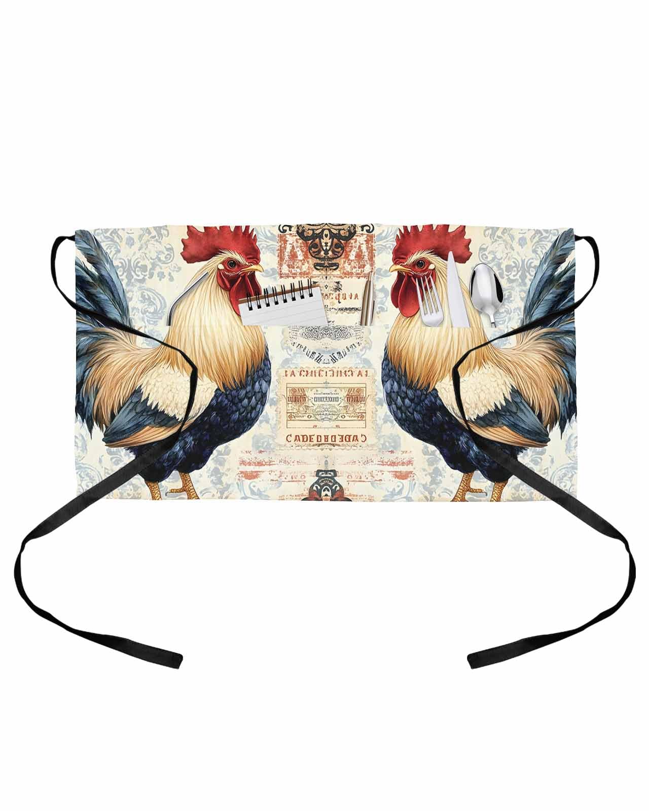 PIEPLE Retro Rooster Server Apron Waitress Aprons with 3 Pockets, Watercolor Pastoral Animals Botanical Half Waist Waiter Aprons Restaurant Chef Aprons for Women Men