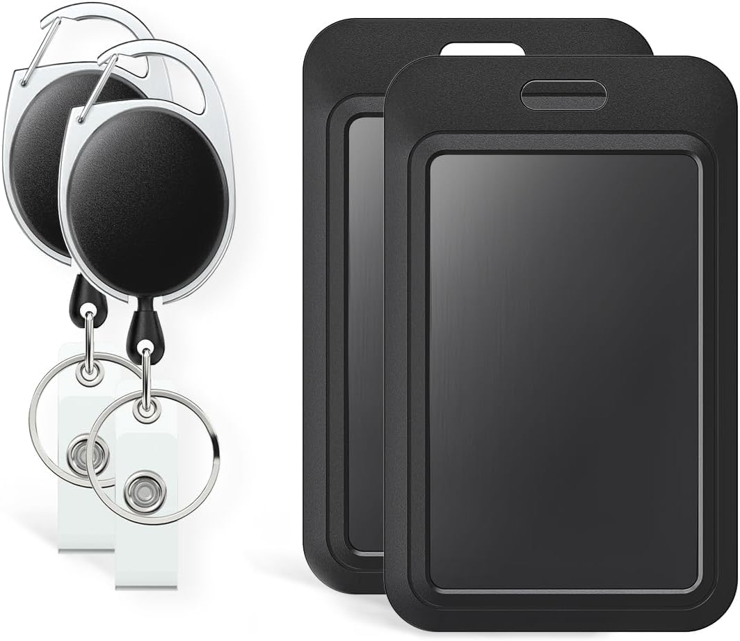BELIKYBELIKY 2 Pack Sliding Badge Holder Hard Black Vertical Plastic Card Case Protector with Retractable Badge Reel Carabiner for Office School ID Credit Proximity Key Card Driver’s License and Pass