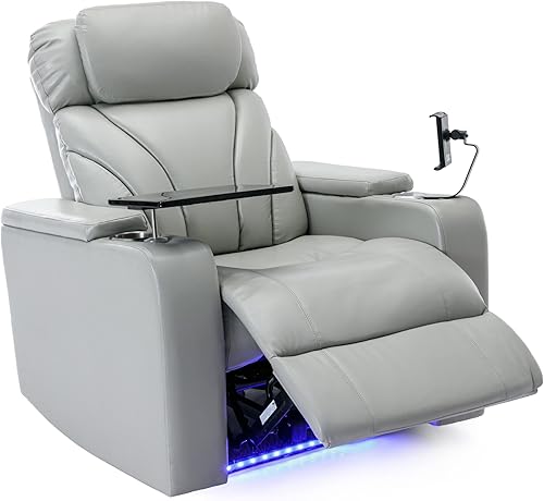 Merax Silla reclinable de cuero, asiento eléctrico de cine en casa con reposabrazos de audio multimedia, portavasos y almacenamiento, color gris