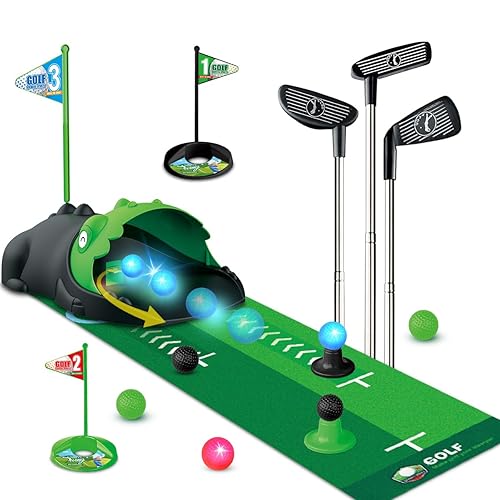 TERRAMUS Upgraded Kids Toy Golf Set with Dinosaur Automatic Golf Returner, Led Light Up Night Golf Balls, 3 Clubs, Putting Mat, 3-8 Toddler Mini Golf Games, Indoor Outdoor Sports Toys for Boys Girls