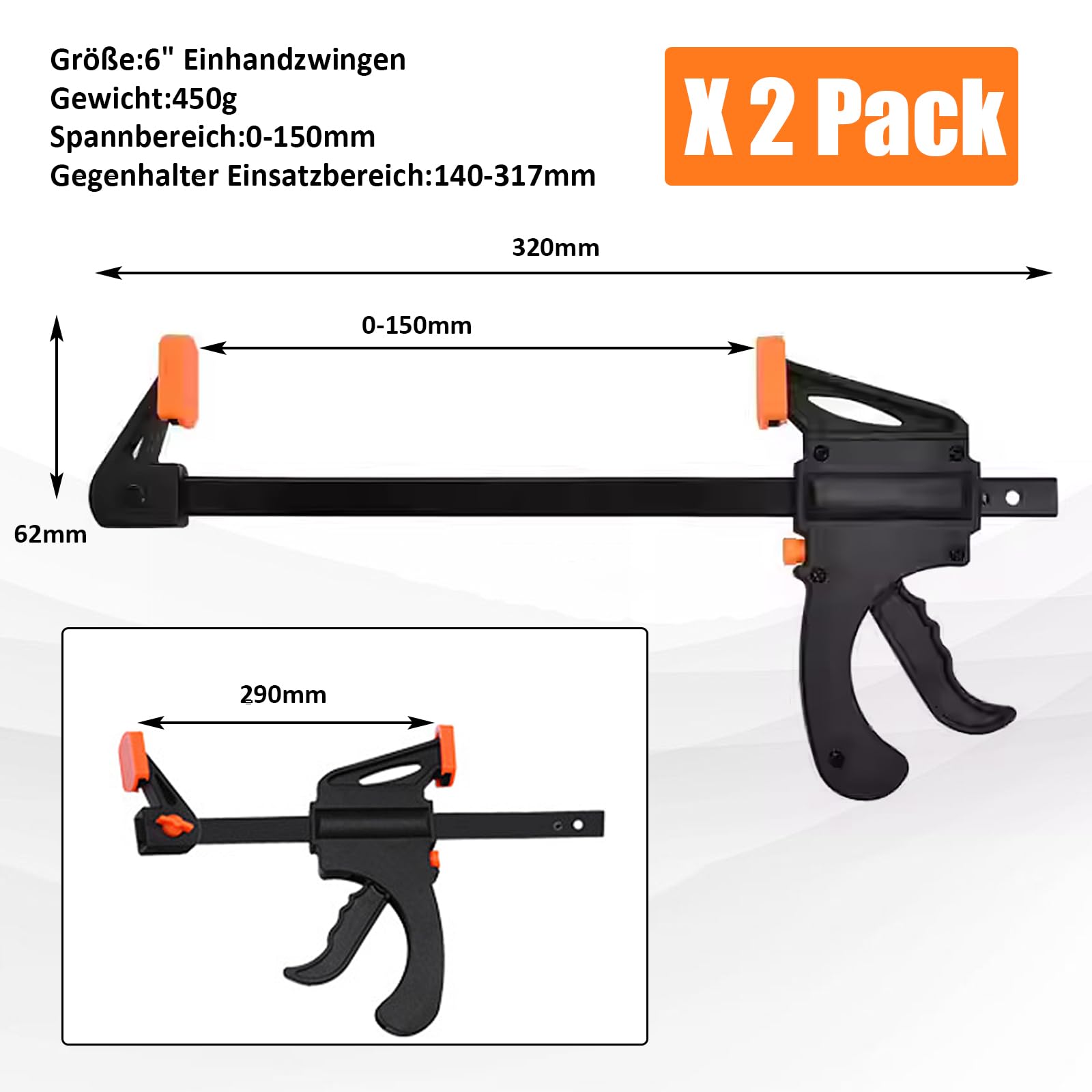 Schraubzwingen Set Profi Einhandzwingen 2 Stück, Spannweite 150mm, Dehnbereich bis zu 290mm Spannkraft 50kg, Maultiefe 62mm, aus Stahl und Nylon für präzises Fixieren